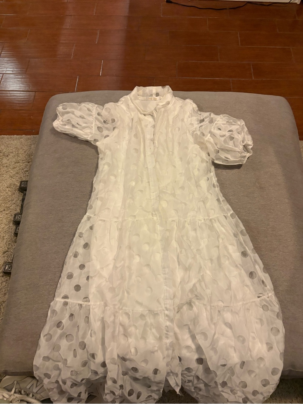 White Polka Dot Puff Sleeve Maxi Dress - Women's